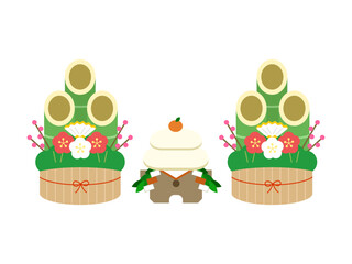 お正月の飾り（門松と鏡餅）のイラスト