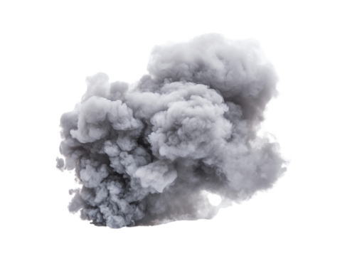 large, billowing cloud of gray smoke rises dramatically on transparent background, creating sense of chaos and intensity. Perfect for backgrounds or graphic design effects elements