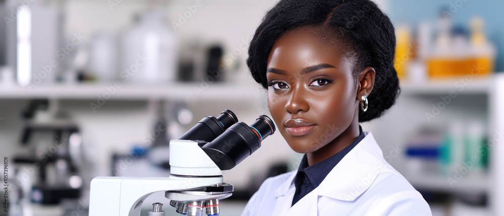 Poster dark-skinned scientist examining bacteria under a microscope in a modern lab, showcasing dedication 