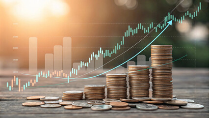 Stacks of coins with financial graph overlay, symbolizing growth and investment opportunities in dynamic market