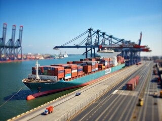 Fototapeta premium Tilt-Shift Photography of a Fully Loaded Container Ship Anchored at Port for Maritime Industry