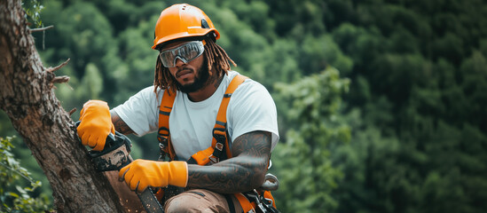Professional arborist using chainsaw in forest