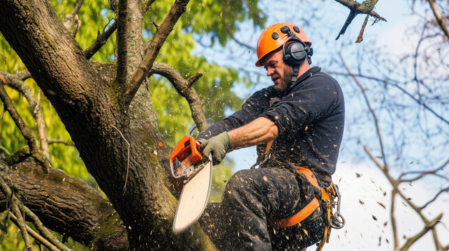 Professional arborist using chainsaw to trim tree branches outdoors