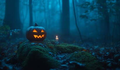 Naklejka premium Glowing jack-o-lantern on mossy rock in a foggy forest at night, AI generated illustration