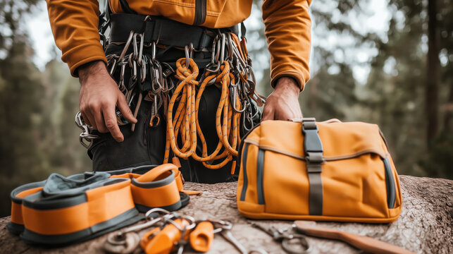 Professional arborist preparing tools in forest setting, showcasing gear and equipment