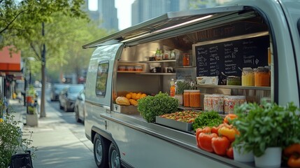 A food truck displaying fresh produce and beverages on a city street.