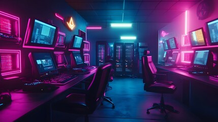 Retro futuristic 90s Cryptocurrency Internet Cafe with Neon lit Workstations and Atmosphere