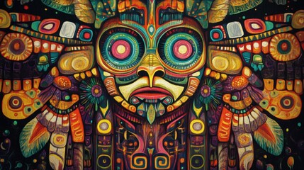 Fototapeta premium Detailed artistic representation of a Native American totem pole, showcasing vibrant colors and cultural motifs, emphasizing its historical importance and storytelling