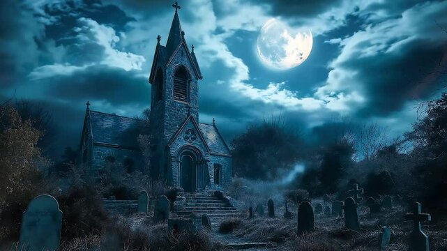 Halloween night by the old church under the moonlit sky. Halloween ghost cemetery with dark clouds. Graves in the cemetery at dusk. Spooky dark night full moon