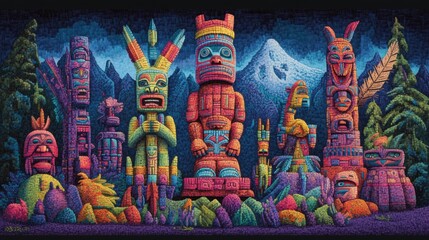 Fototapeta premium Detailed artistic representation of a Native American totem pole, showcasing vibrant colors and cultural motifs, emphasizing its historical importance and storytelling