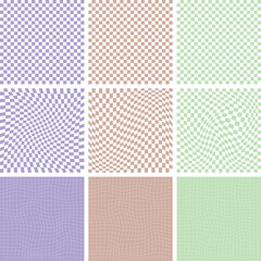 Groovy checkered seamless patterns, vintage aesthetic backgrounds, psychedelic checkerboard texture, Funky hippie fashion textile print, retro background with distorted grid tile vector pattern set