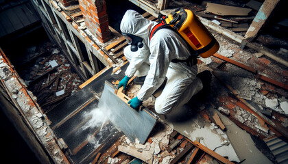 A professional in full protective suit and mask efficiently cleans hazardous materials – Generative AI