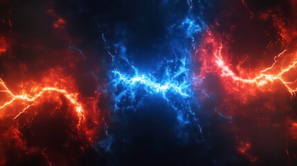 Naklejka premium Abstract depiction of contrasting energies represented by blue and orange lightning.