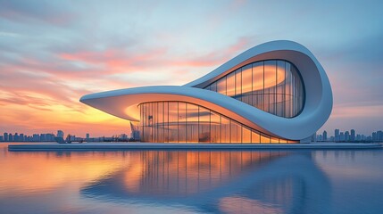 Obraz premium Modern luxury architecture building outdoor landscape, advanced minimalistic curved shape design, futuristic city skyline surreal sunset background, construction engineering technology 3d digital art 