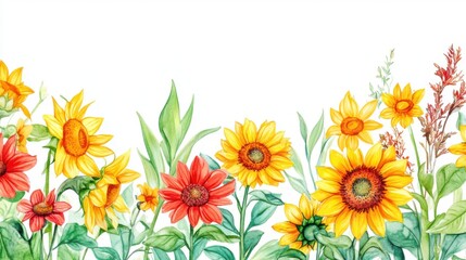 Obraz premium Watercolor floral border with sunflowers and daffodils,