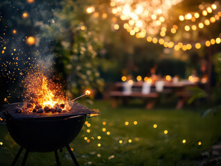 Evening barbecue in a garden setting, with glowing fairy lights creating a warm and inviting atmosphere.