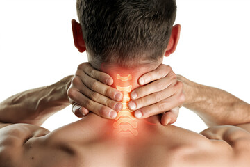 Man gripping his neck with highlighted cervical spine, representing neck pain, spinal issues, and the importance of posture or medical care for physical well-being