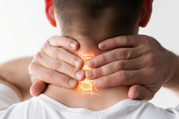 Man holding the back of his neck with glowing pain point, symbolizing neck pain, muscle strain, or cervical spine issues in a health and wellness context