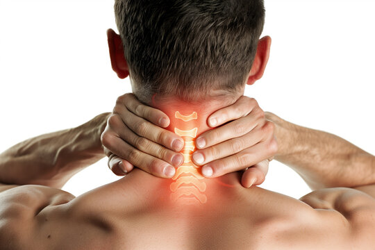 Man gripping his neck with highlighted cervical spine, representing neck pain, spinal issues, and the importance of posture or medical care for physical well-being