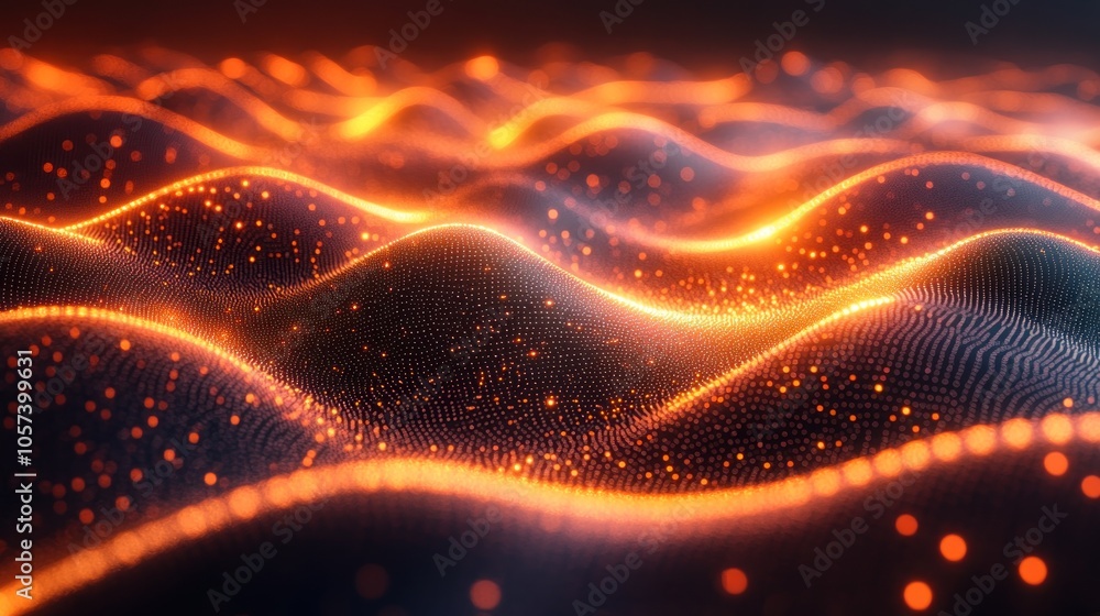 Poster a digital representation of flowing waves with glowing particles in warm tones.