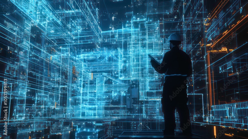 Poster A silhouetted worker interacts with a futuristic digital environment filled with data structures.