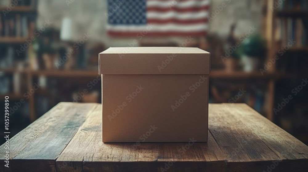 Poster a plain cardboard box sits on a rustic wooden table with an american flag hanging in the background,