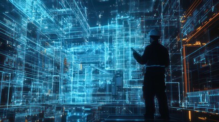 A silhouetted worker interacts with a futuristic digital environment filled with data structures.