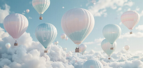 Naklejka premium Whimsical Hot Air Balloons Floating Among Fluffy Clouds