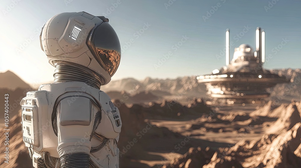 Poster robot astronaut exploring a rocky planet with a futuristic space station in the distance.