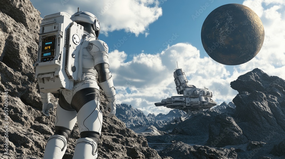Poster robot astronaut exploring a rocky planet with a futuristic space station in the distance.