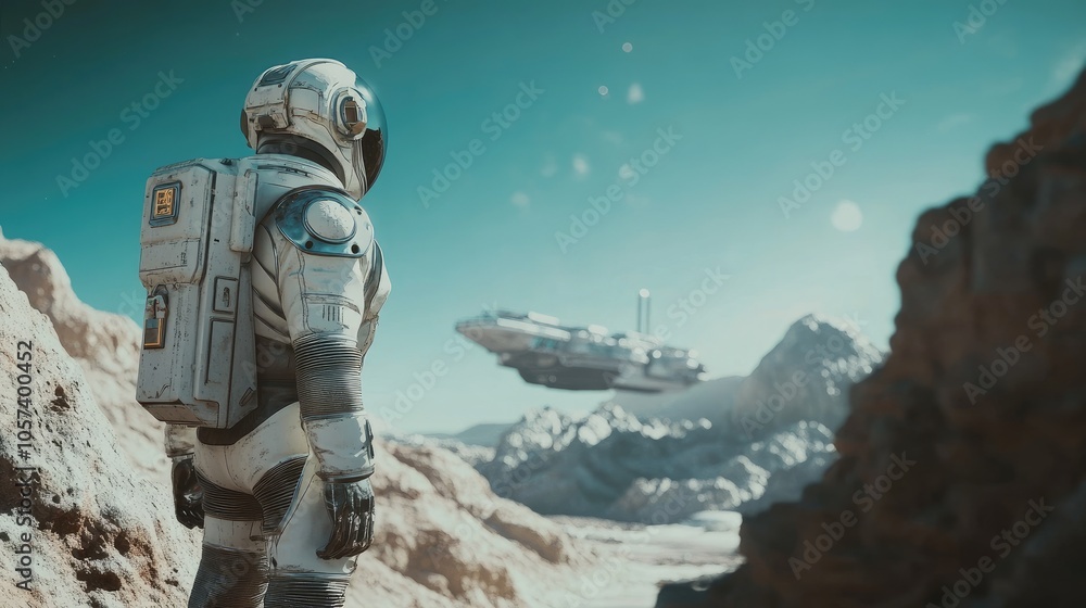 Poster robot astronaut exploring a rocky planet with a futuristic space station in the distance.