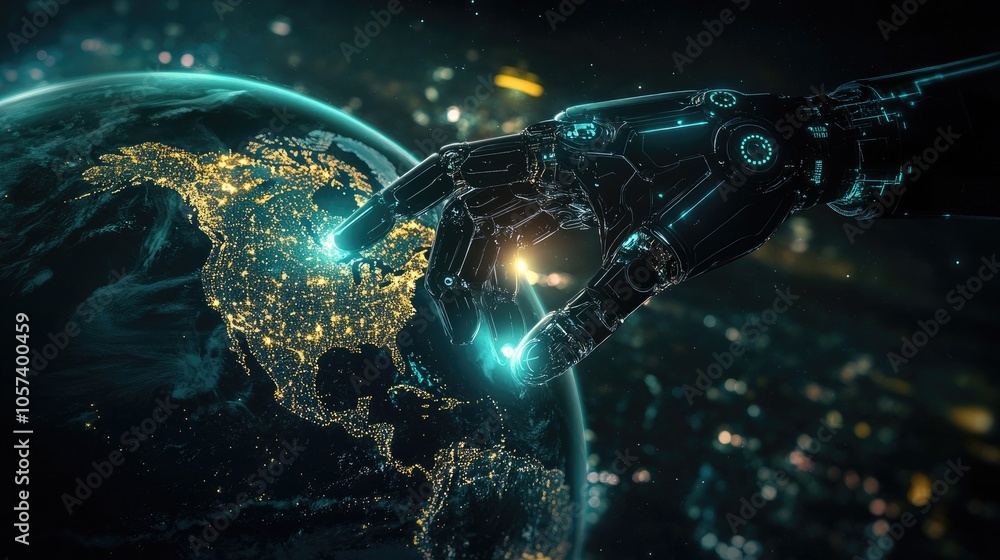 Poster robot hand and human finger connecting on a digital globe, symbolizing ai impact on global network a