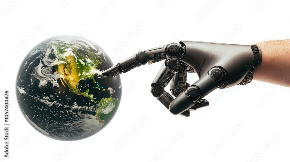 Poster robot hand and human finger connecting on a digital globe, symbolizing ai impact on global network a