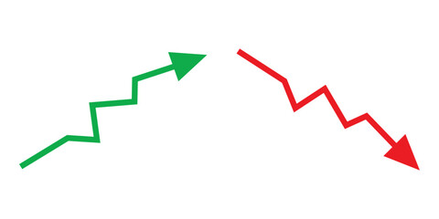 Graph going Up and Down sign with green and red arrows vector. Flat design vector illustration concept of sales bar chart symbol icon with arrow moving down and sales bar chart with arrow moving up.
