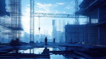A construction site with cranes and a digital overlay of building plans.