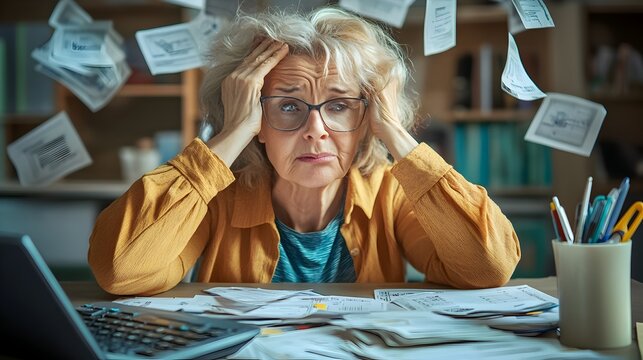 Elderly woman struggling with financial management and online banking challenges