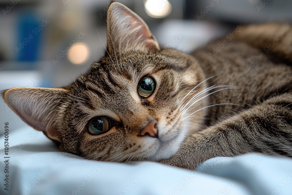 Poster a close-up of a relaxed tabby cat resting on a soft surface.