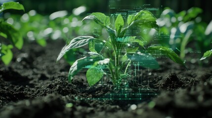 Plant in soil with overlay of technological data, representing modern agricultural innovation, smart farm concept