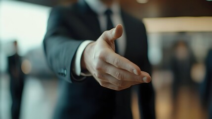 Obraz premium Businessman Extends Hand for Formal Handshake Welcoming Corporate Client for Potential Opportunity