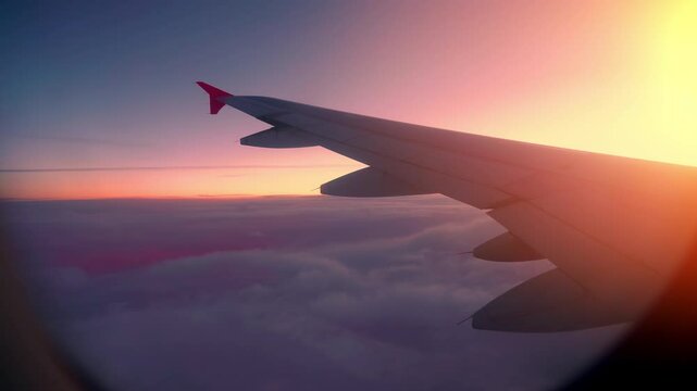 Witness a stunning sunset from a plane wing high above the clouds during evening travel across the open sky