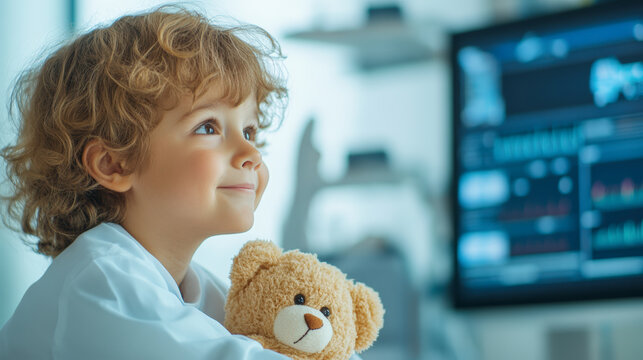 A child in a hospital room holds a teddy bear and smiles, with medical equipment visible in the background.