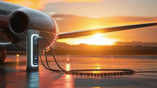 Close up of an electric aircraft charging port connected to a sleek charging station futuristic, A sleek futuristic vehicle or aircraft used for corporate travel	

