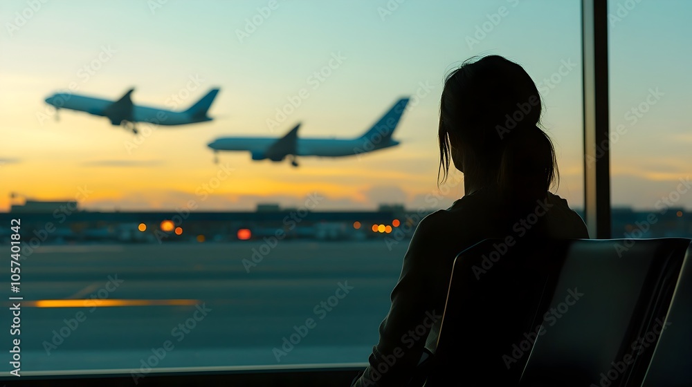 Wall mural silhouetted passenger watches aircraft taking off at sunset airport