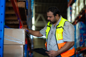 A man in a yellow vest is looking at a box on a shelf. He is holding a clipboard and he is checking...