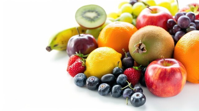 Fresh organic fruits on a white background for food photography with copy space and high resolution.