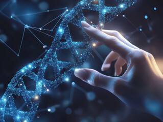 Hand reaching towards an illuminated DNA strand against a digital, blue background, symbolizing scientific exploration.