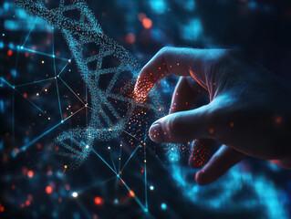 A hand reaches towards a digital representation of DNA, symbolizing the intersection of technology and genetics.