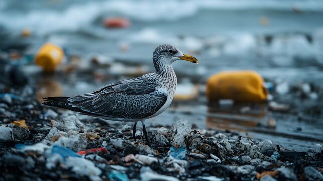 photography of a seabird amidst plastic waste and debris on a polluted shoreline