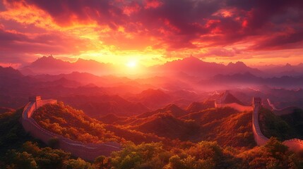 The Great Wall of China stretches across a mountain range with a stunning sunrise in the background.