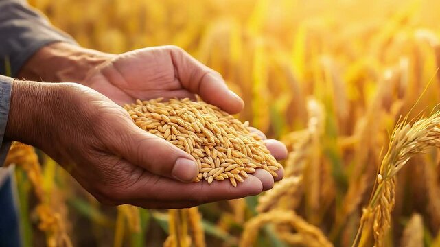 Close up hands of farmer holding rice grains, Ripe rice field on background, Agricultural and harvest concept